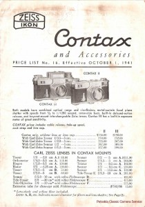 Contax and Accessories Pricelist 1941